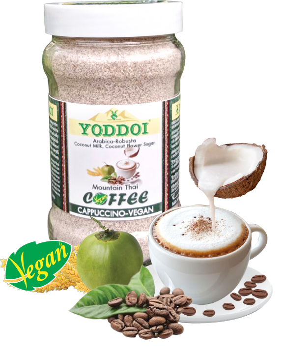 ยอดดอยคาปูชิโน่วีแกนกาแฟ 3in1ผสมกาแฟคั่วบดอราบิกาโรบัสต้าน้ำตาลช่อ