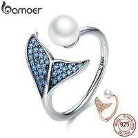 {Xixi Ornamoer} Bamoer หางปลาโลมา CZ สีฟ้า925เงินสเตอร์ลิงแหวนแบบเปิดแหวนแบบปรับขนาดได้เปลือกหอยมุกสำหรับ SCR286ของขวัญเครื่องประดับสตรี