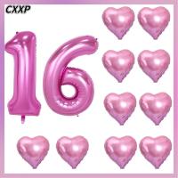 CXXP 12pcs สีชมพูอมชมพู ลูกโป่งเบอร์16 40นิ้ว ใหญ่มากๆ ฟอยล์ไมลาร์ฮีเลียม ลูกโป่งหัวใจ18นิ้ว เงางาม อุปกรณ์ตกแต่งงานปาร์ตี้ ลูกโป่งตัวเลขยักษ์ วันเกิดของสตรี