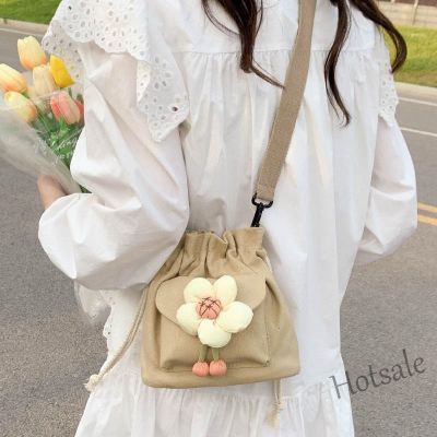 【hot sale】♟♝ C16 Drawstring Bag Korean Ins Japanese Flower Canvas Mini Women Sling Bag Shoulder Bag Canvas Drawstring Bucket Bag for Women