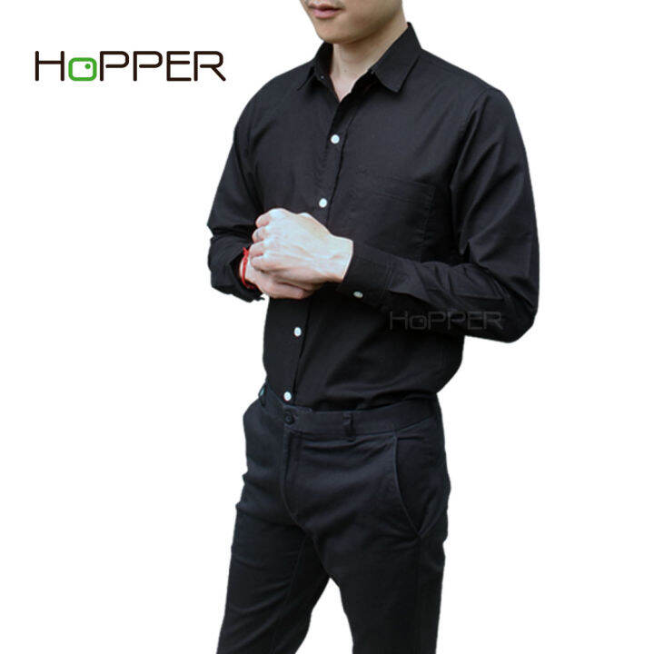 เสื้อเชิ้ต-คอปก-แขนยาว-ผ้า-oxford-by-hopper-shop-เสื้อเชิ้ตสีขาว-กรม-ดำ-ฟ้า