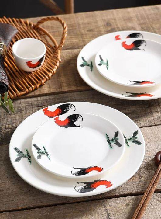 Microwavable Ceramic Classic Chicken Design Rim Plate Flat Plate Dining