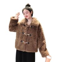 【CW】 Flowers Thicken Horns Buckle Overcoat Imitate Sheep Lamb Hair Women  39;s Coat Short Fur Ladies Jacket