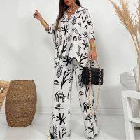 【JH】Boho Print 2-Piece Women Pant Pajams Sets Sexy Top Trouser Summer Women High Waist WideLeg Set 2023 Fashion Sleepwear Home Suit