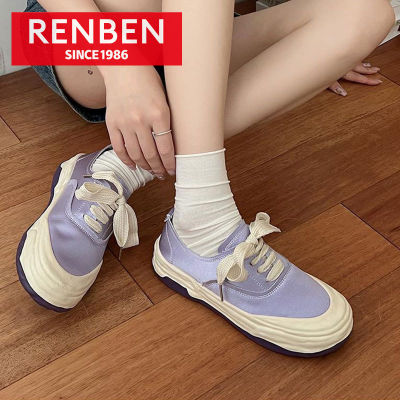 RENBEN รองเท้าผ้าใบส้นหนาสีม่วงสุดๆเข้าได้กับทุกชุดของผู้หญิงรองเท้าสีขาวเบาสไตล์ฮ่องกงย้อนยุคแบบใหม่