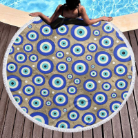 Greek Evil Eye Pas Golden Art Hawaiian Round Beach Towel Multi-Purpose Sand-proof Microfiber Blanket With Tassel Picnic Mat