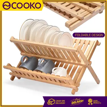 Folding Bamboo Dish Drying Rack - Wooden Kitchen Dish Rack Plate Holder