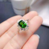 Natural diopside ring, 925 silver, crystal clear, dark green, luxurious style,