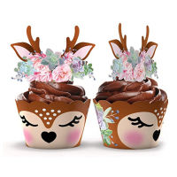 24pcs การ์ตูน Sika Deer Cupcake wrapper Antlers กระดาษเค้ก toppers Merry Christmas Xmas ปีใหม่วันเกิด PARTY ตกแต่ง