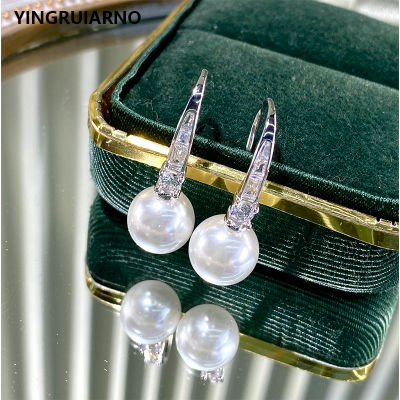 YINGRUIARNO S925 Earhook Natural Pearl Zircon Sparkling Diamond Earhook Natural Pearl Earrings