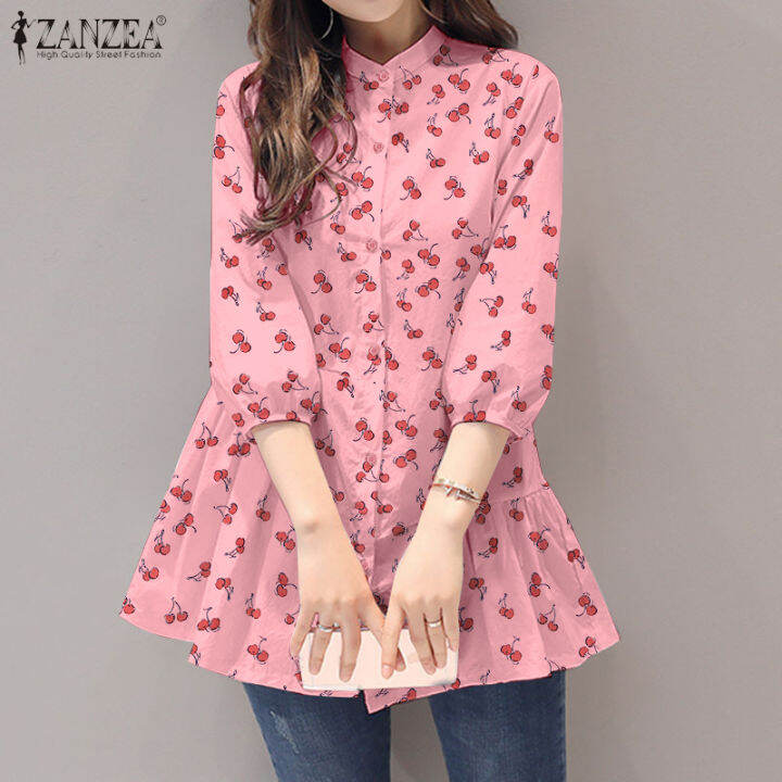 สินค้ามาใหม่-จัดส่งฟรี-fancystyle-zanzea-เสื้อเชิ้ตแขน3-4คอหลวมพิมพ์ลายเชอร์รี่เสื้อเชิ้ต-7