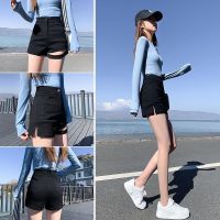 COD jfdss Womens jeans shorts mid waist korean black Ripped denim shorts for women fashion slim basic thin summer casual short pants