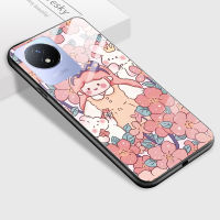 เคสเคสโทรศัพท์มือถือ Vivo Y02T Y02A สาวน่ารักกระจกเทมเปอร์เคสมันวาวกันกระแทกดีไซน์ดอกไม้สีชมพูเคสฝาหลัง