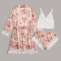 【LZ】۞  Conjunto de pijamas de renda de 3 peças para mulheres mini roupão e camisola conjuntos de roupão lingerie sexy homewear de seda real vestido noturno