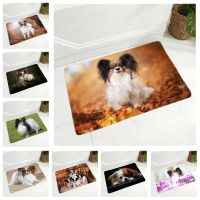 【PPQ Home Life Museum】 CutePapillon Dog พรมเช็ดเท้า Decor Pet Animal Floor Door Mat Non Slip Soft Flannel Carpet For Hallway Kitchen Room 40x60cm