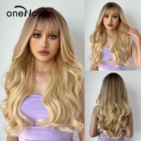 oneNonly Good Quality Synthetic Wigs Brown Blonde Wig with Bangs Long Wave Woman Wigs Halloween Natural Heat Resistant Hair