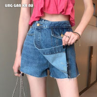 LING GAN KA NU Womens denim culottes  summer new high waist hot girl retro Hong Kong style irregular raw edge A-line skirt skirt