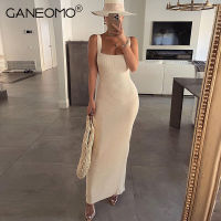 Elegant Knitted Bodycon Maxi Dress For Women Backless Spaghetti Strap Slit Sexy Party Club Long Dresses White Vacation Outfits