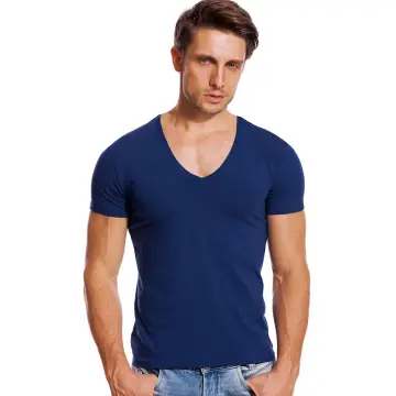 100% Cotton Men's Short Sleeve Deep V Neck T Shirt Slim Fit Clubwear Office  Tops