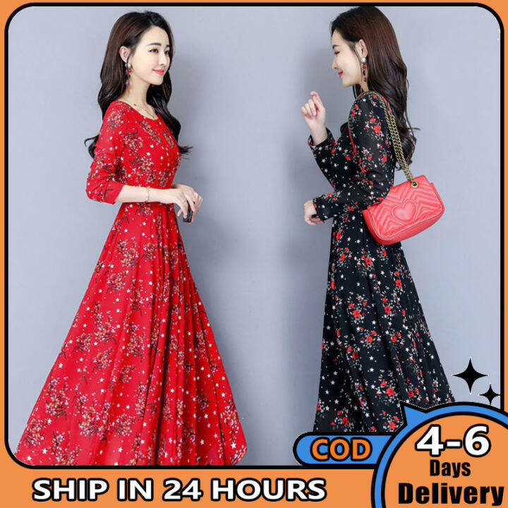 ซื้อ1แถม1ของขวัญฟรี-เสื้อสวมหัวคอกลมกระโปรงทรงเอเอวสูงเดรสแขนยาวผู้หญิงกระโปรงยาวหรูหราลายดอกไม้