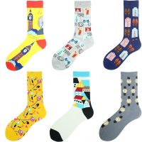 Mens socks cartoon urban illustration series stamp watch clock tower personality couple stockings