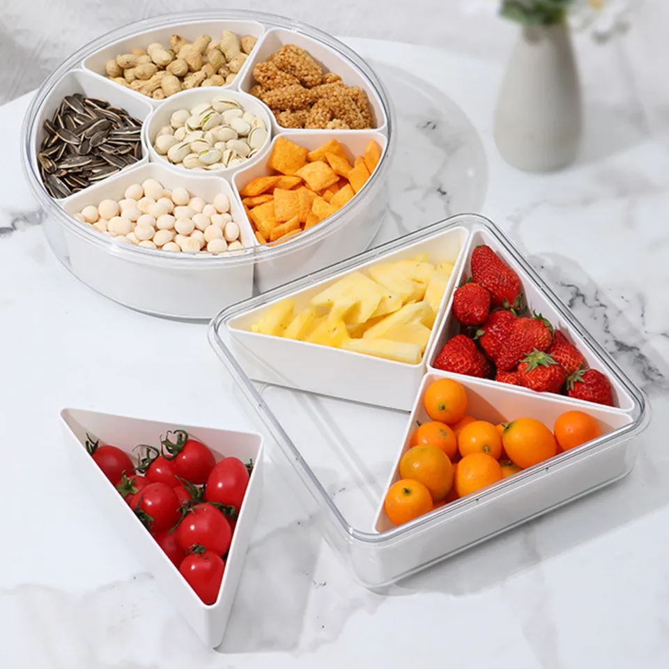 Creative Acrylic Multifunctional Party Snack Tray with Lid,Serving Dishes  for Dried Fruits Nuts Candies Fruits,6-Compartment (Round)