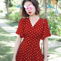 [COD] 2022 summer new chiffon polka-dot dress v-neck high waist retro short-sleeved pleated wine red literary casual A-line