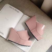 【ready stock】European and American Summer New Slope Heel Thick Sole Pink Lacquer Leather Waterproof Platform High Heel Fish Mouth Sandals for Women