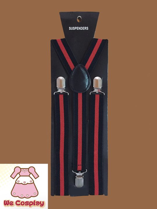 สายเอี๊ยม Suspenders พื้นดำ ลายทางสีแดงหนึ่งแถบ Black &amp; Red Stripe pattern Suspenders