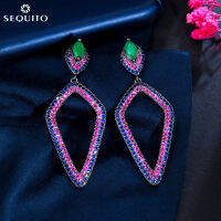 SEQUITO ยุโรปและอเมริกาแฟชั่น Micro Red Blue Zircon Pave Marquise หินสีเขียวเรขาคณิตยาว Dangle ต่างหู925เงิน Ear Pins หญิง Eardrop เครื่องประดับ SE586