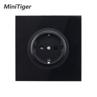 【support】 CRAZY DEAL mall Minitiger Crystal Tempered Pure Glass แผงสีดำ16A Double EU Standard Wall Power Socket Grounded Child Protective Door