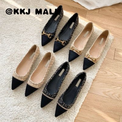 KKJ MALL WomenS High Heels With High Heels 1Cm 2022 Spring New Style Chain Color Matching Small Fragrance Flat WomenS Shoes Korean Version All-Match Pointed Toe Soft Bottom Sandals Office Shoes