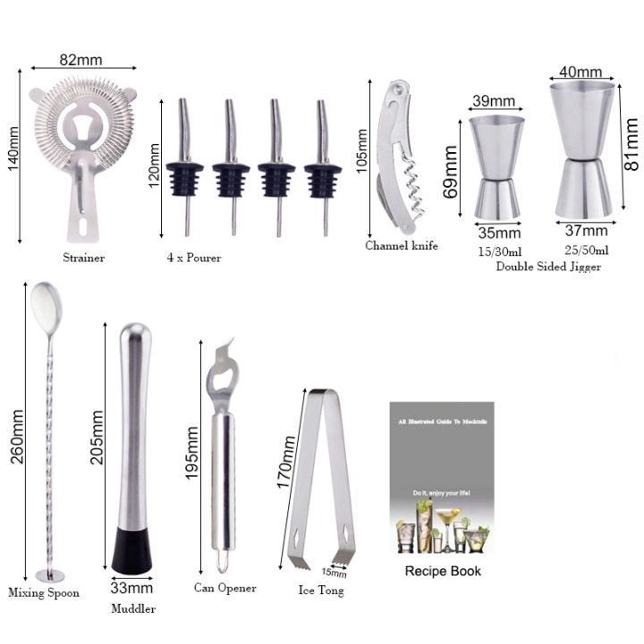 13pcs-bartender-kit-ค็อกเทล-shaker-mixer-bar-เครื่องมือ750600ml-shakers-พร้อมค็อกเทลสูตร-pourer-jigger