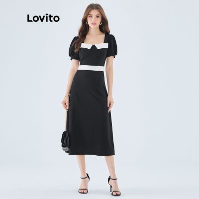 Lovito Elegant Plain Contrast Tape Short Sleeves A-Line Maxi Dress for Women L49ED119 (Black and White) Lovito Gaun Maxi A-Line Lengan Pendek Pita Polos Kontras Elegan untuk Wanita