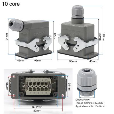 Rectangular heavy duty connector hdc-he-010 air plug 10 core top line and side line waterproof socket