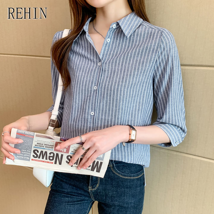 rehin-เสื้อเชิ้ตลายทางแนวตั้งสีฟ้าแขนยาว3-4-เสื้อทำงานคอปกทรงหลวมเข้ารูปชุดทำงานธุรกิจเสื้อเบลาส์ผู้หญิง