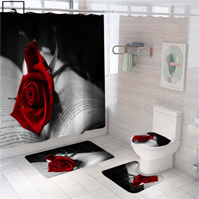 Black Shower Curtain Red Rose Print Valentines Romantic Bathroom Decor Modern Home Mat Set Toilet Carpet WC Rugs Accessories