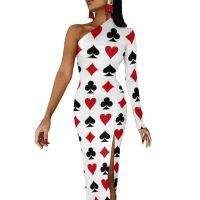 【YF】 Poker Heart Side Split Bodycon Dress Woman Card Suits Style Lucky Elegant Maxi One Shoulder Party Dresses Present