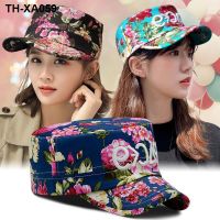 Hat womens spring and autumn Korean style flower print peaked cap ladies outdoor travel short brim flat embroidery sun hat