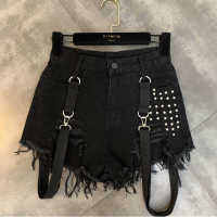 DEAT 2021 Summer Autumn New Beading Shoulder Strap Trend Female Black Denim Shorts MH008