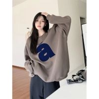 COD Kumikumi print loose casual round neck pullover fleece sweater womens autumn retro BF all-match black top