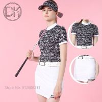 DK Summer Lady Printed Golf T-shirt Short Sleeve Tops Breathable Round Neck Shirts Women Slim Fit Pencil Skirt White A-line Skort Quick Female Clothing Sets for Tennis