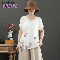 BREINE เสื้อเชิ้ตฤดูร้อนแขนสั้นเสื้อยืดสั้นผ้าฝ้ายลายใบไม้503b097