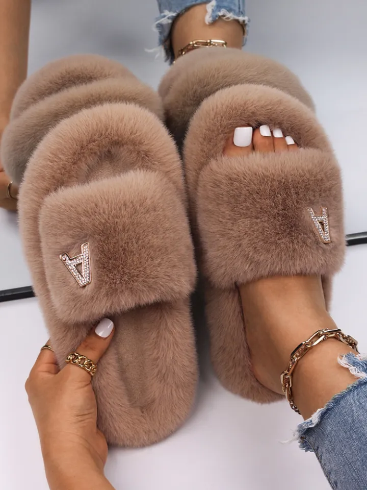 Faux Fur Slides Slippers Luxury Crystal Rhinestone Letter A Decor