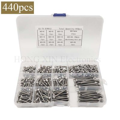440pcs M3 (3mm) 304 A2 Stainless Steel Allen Bolts Hex Socket Head Cap Screws Wrench Nuts Assortment Kit free shipping screw