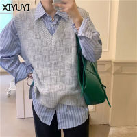 XIYUYI เสื้อกั๊กลายตารางเสื้อแขนกุดผ้าถักเสื้อสเวตเตอร์ไหล่กระชับสัดส่วนคอวีเสื้อสวมหัวสีทึบสตรี