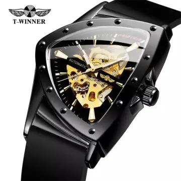 WINNER Triangle Skeleton Gold Black Watch for Men Automatic