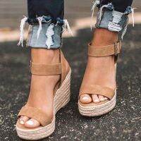 Tops Summer Shoes Women Summer Large Size Wedge Buckle Belt Open Toe Slope Heel Weaving Sandals Decoration Chunky Heels