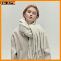 SHENGZU สีทึบทึบ ผ้าคลุมไหล่สำหรับฤดูหนาว พู่ยาวๆ หนาขึ้น ผ้าพันคออุ่นๆ แฟชั่นสำหรับผู้หญิง หลักฐานความเย็น ผ้าพันคอพัชมีนา สำหรับผู้หญิง