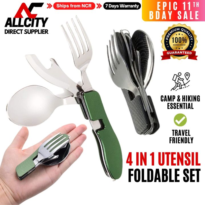 Camping Tools and Equipment 4in1 Multi Survival Spoon Fork Bottle Opener Stainless Steel